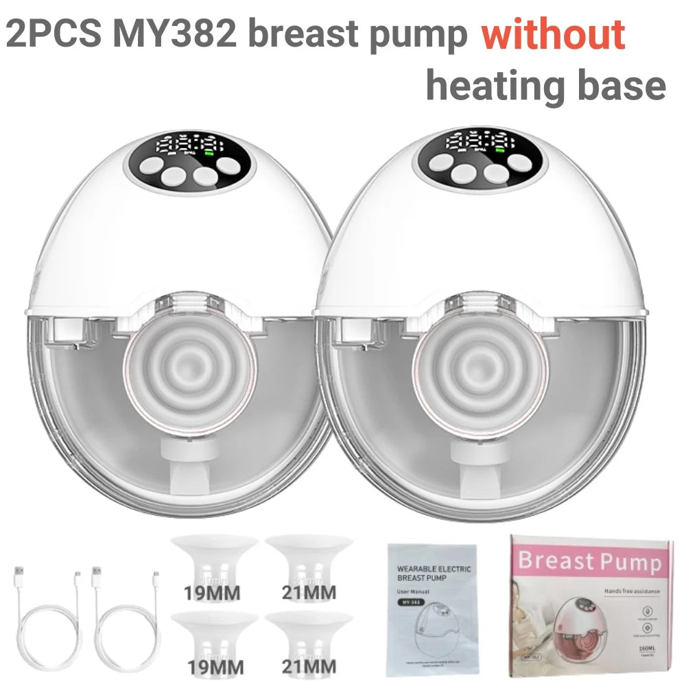Two white wearable electric breast pumps with digital displays, plus flanges, charging cables, and packaging.