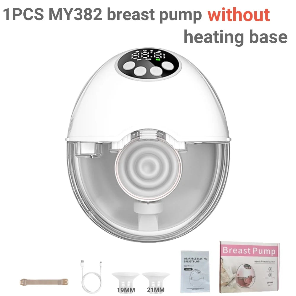 White wearable electric breast pump with clear milk collection cup and digital display.