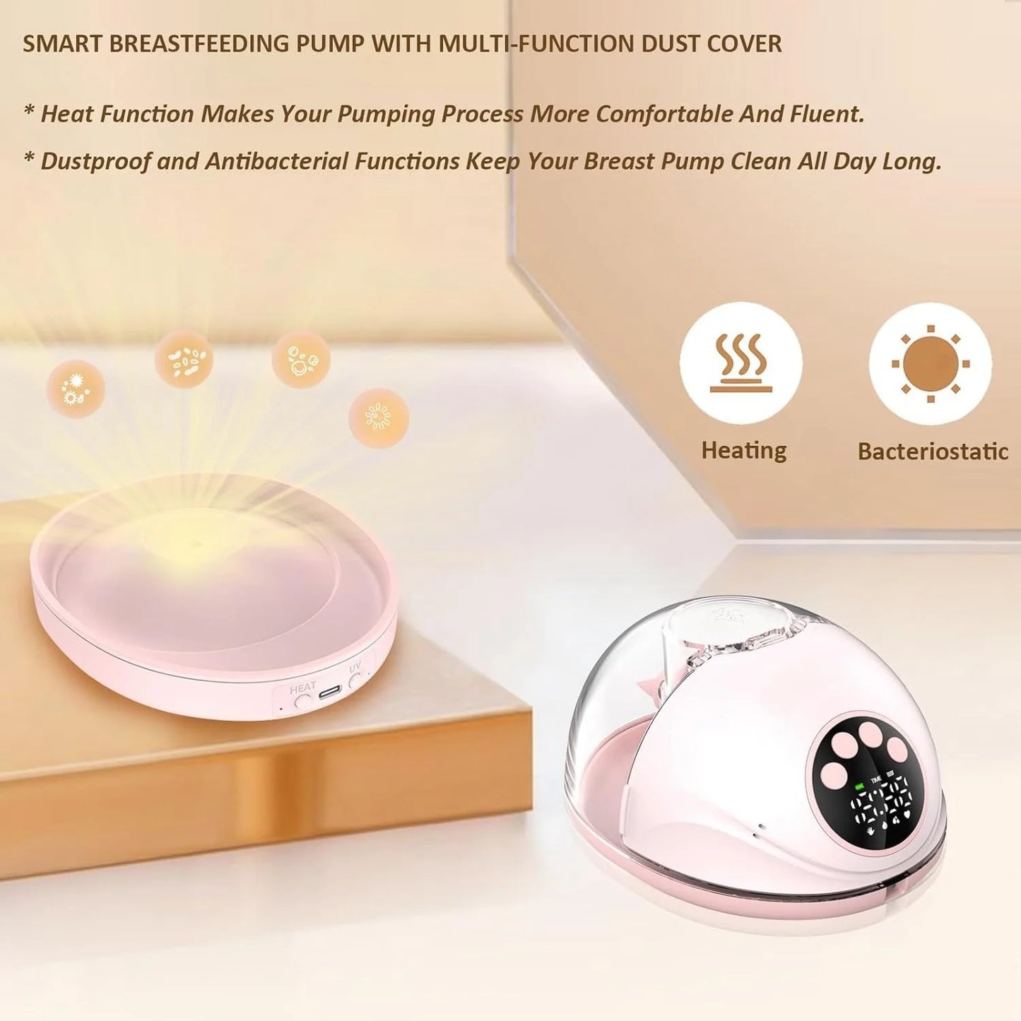 Pink wearable electric breast pump with heating and UV sterilization cover.