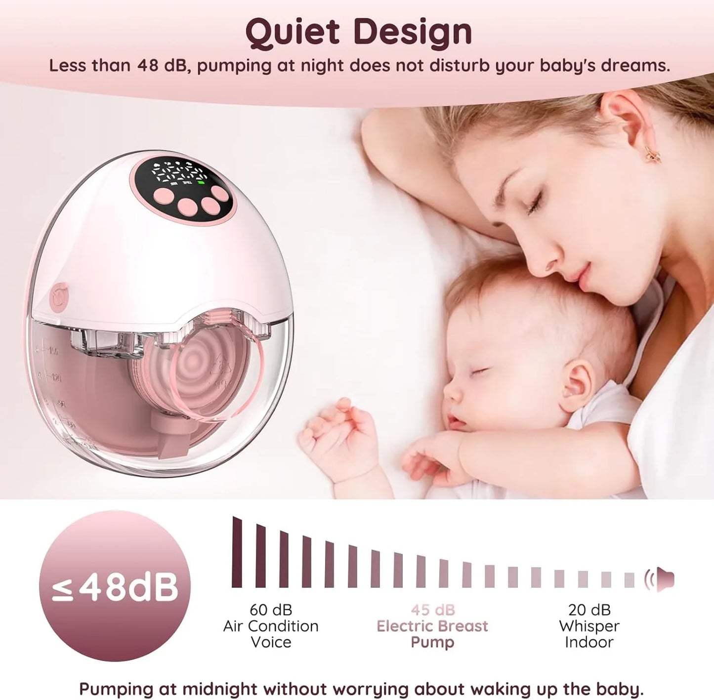 Pink and white hands-free wearable breast pump with clear milk collection cup, next to a sleeping mother and baby.