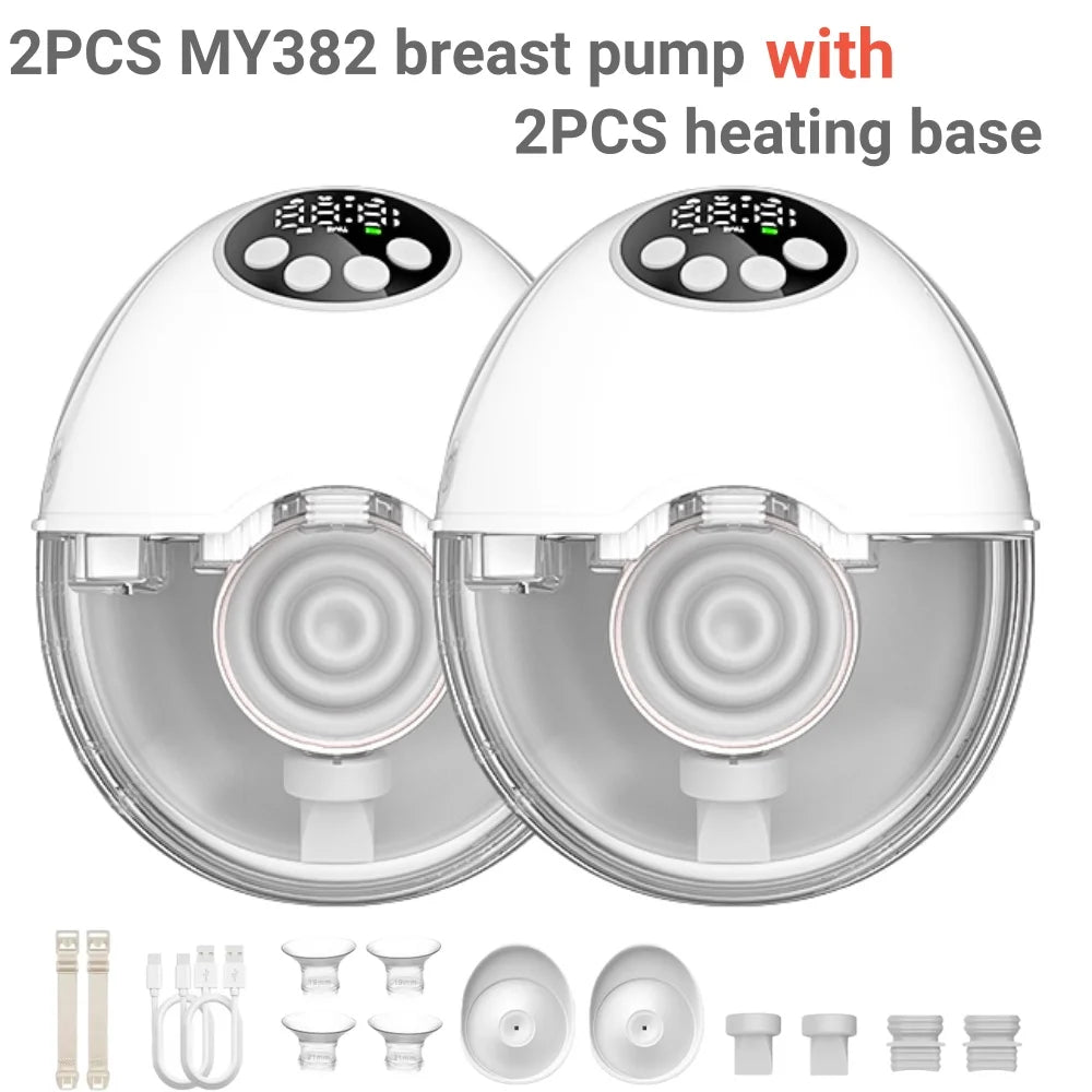 Two white hands-free wearable breast pumps with clear collection cups and heating bases, plus accessories.