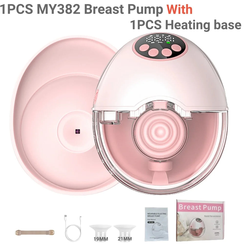 Pink wearable electric breast pump with heating base, flanges, and accessories.