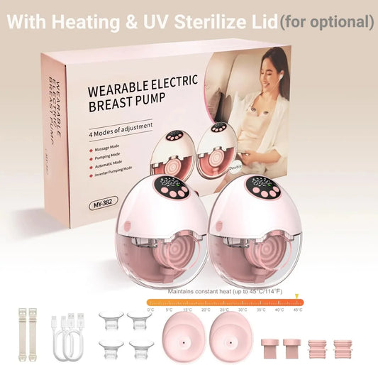 Two pink and white wearable electric breast pumps with digital displays, box, and accessories.