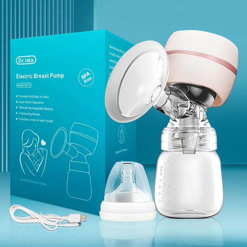 Dr. Isla portable electric breast pump with clear bottle, pink motor, and teal box.