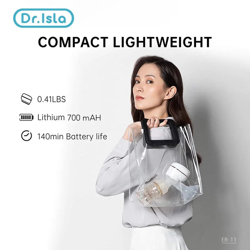 Woman holding a transparent bag with a compact white and clear portable electric breast pump.
