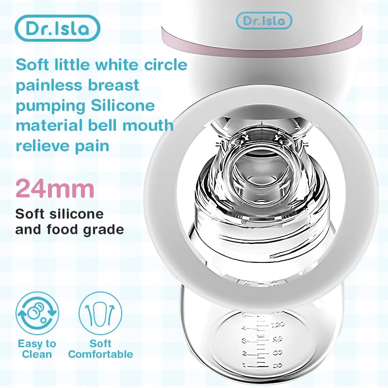 Dr. Isla portable electric breast pump with a 24mm soft silicone flange and clear 100ml bottle.
