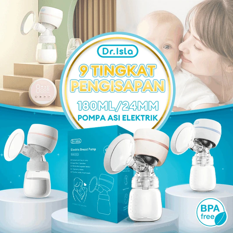 Dr. Isla portable electric breast pump in white and rose gold with a clear 180ml bottle, shown with packaging.
