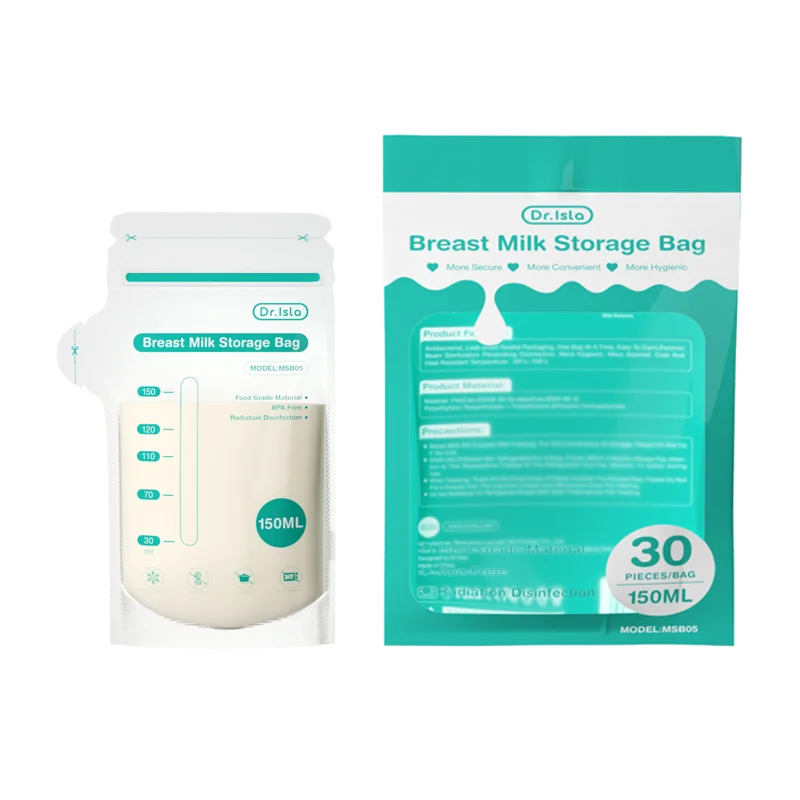 Dr. Isla 150ml breast milk storage bag with white milk, next to a green and white 30-piece bag package.