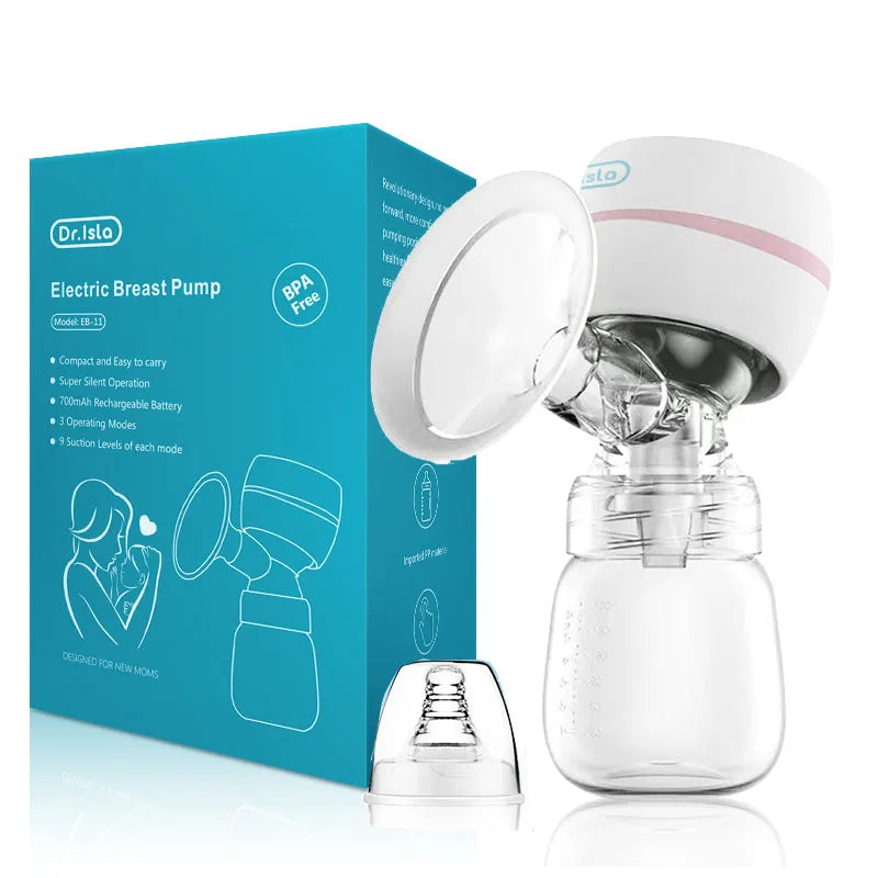 Dr. Isla portable electric breast pump with white and pink accents, clear bottle, and blue packaging.