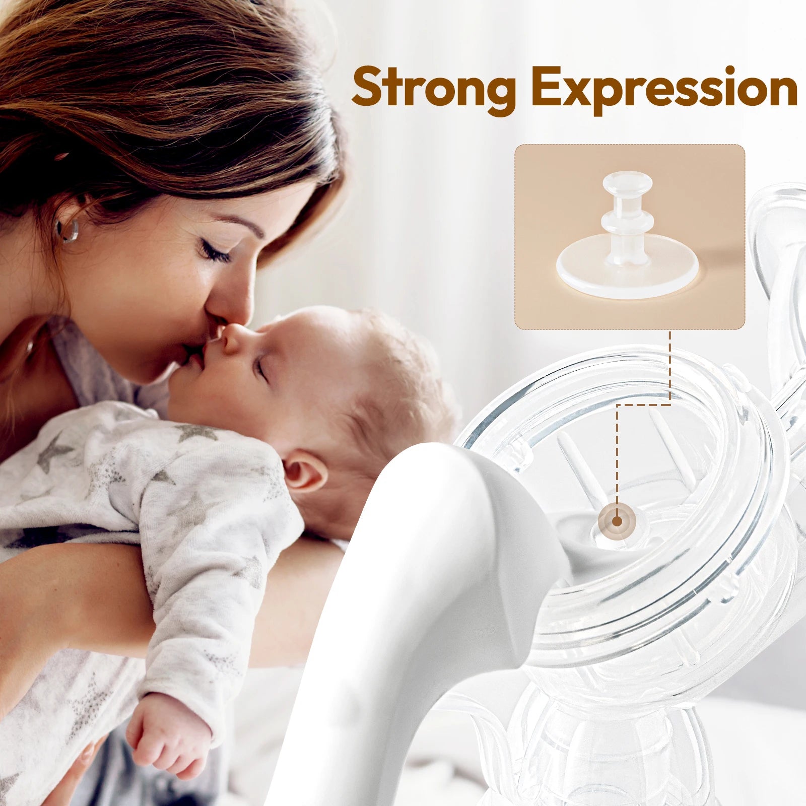 Soft silicone manual breast pump with anti-backflow design, shown with a mother and baby.