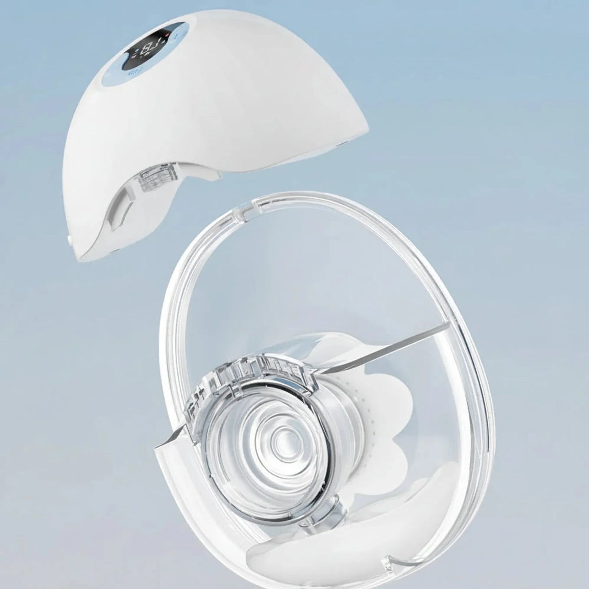 White wearable electric breast pump with clear silicone cup, digital display, and ergonomic design.