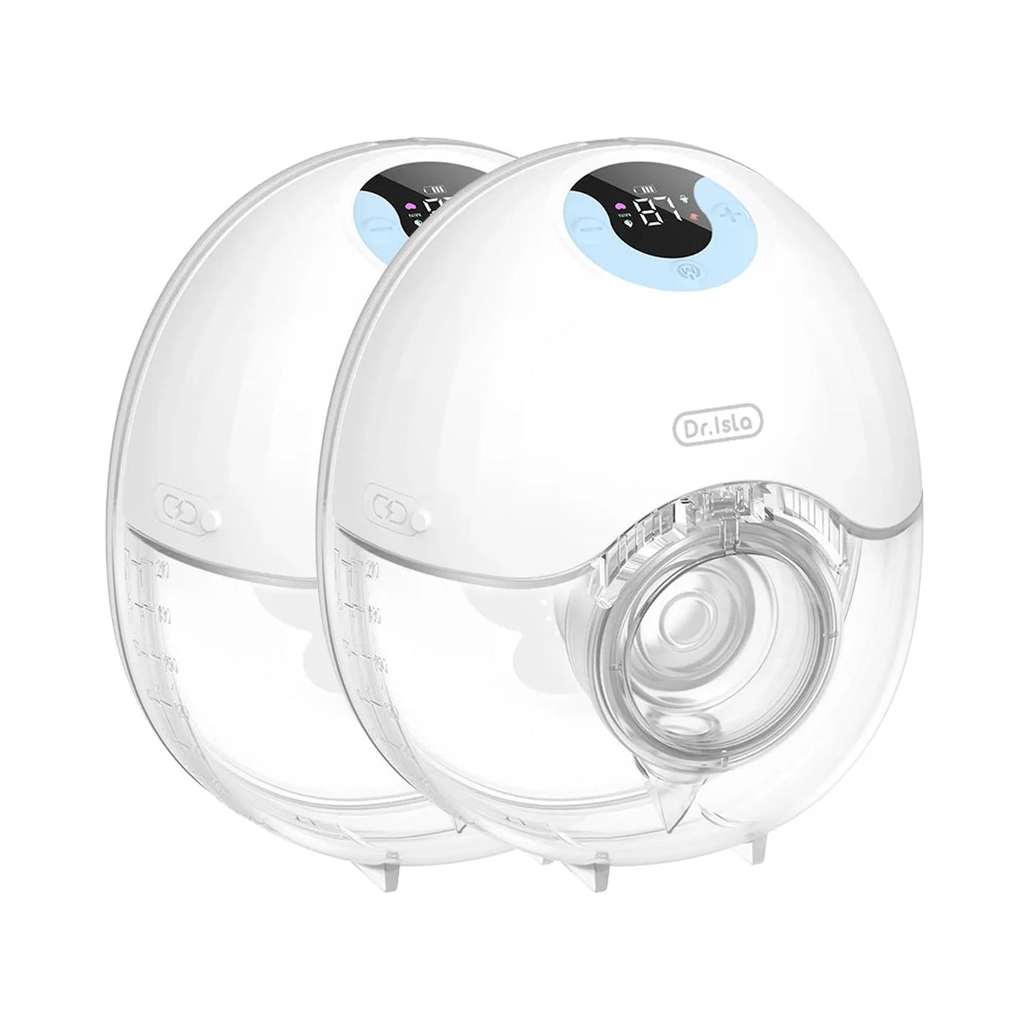 Two white Dr. Isla wearable electric breast pumps with clear collection cups and digital displays.