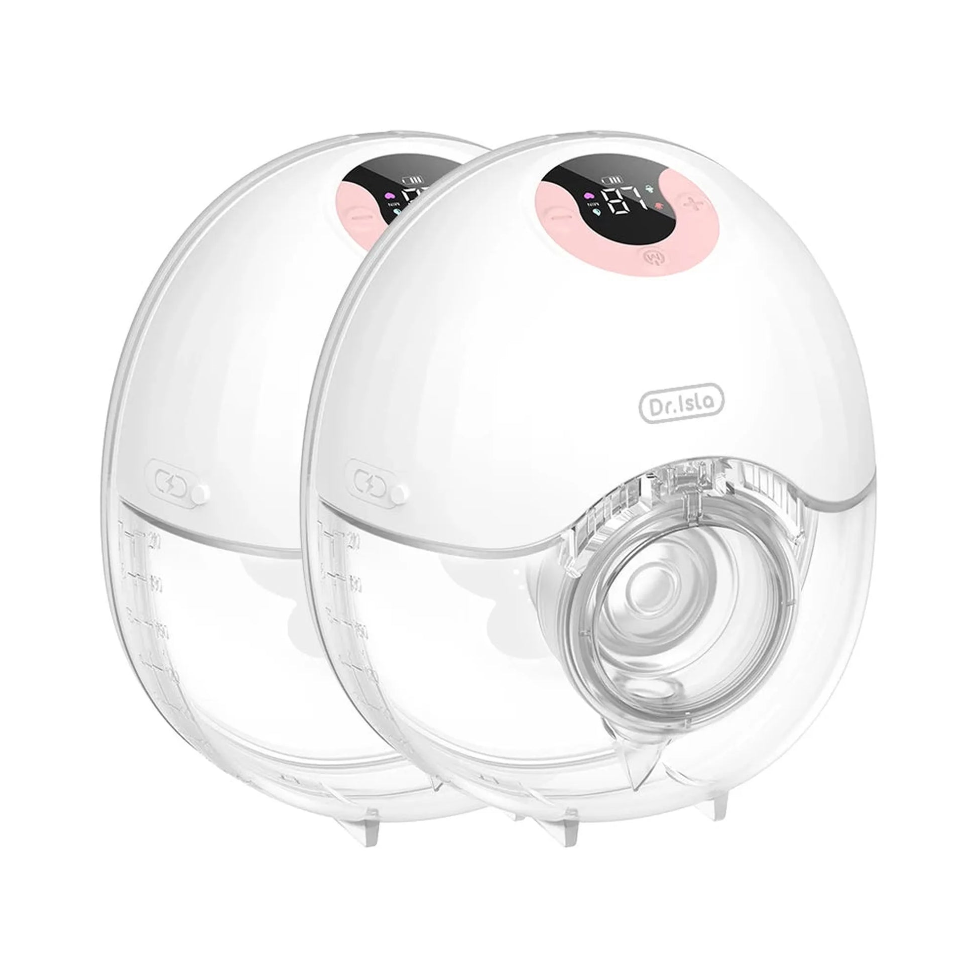 White wearable electric breast pump set with clear collection cups and pink digital displays.