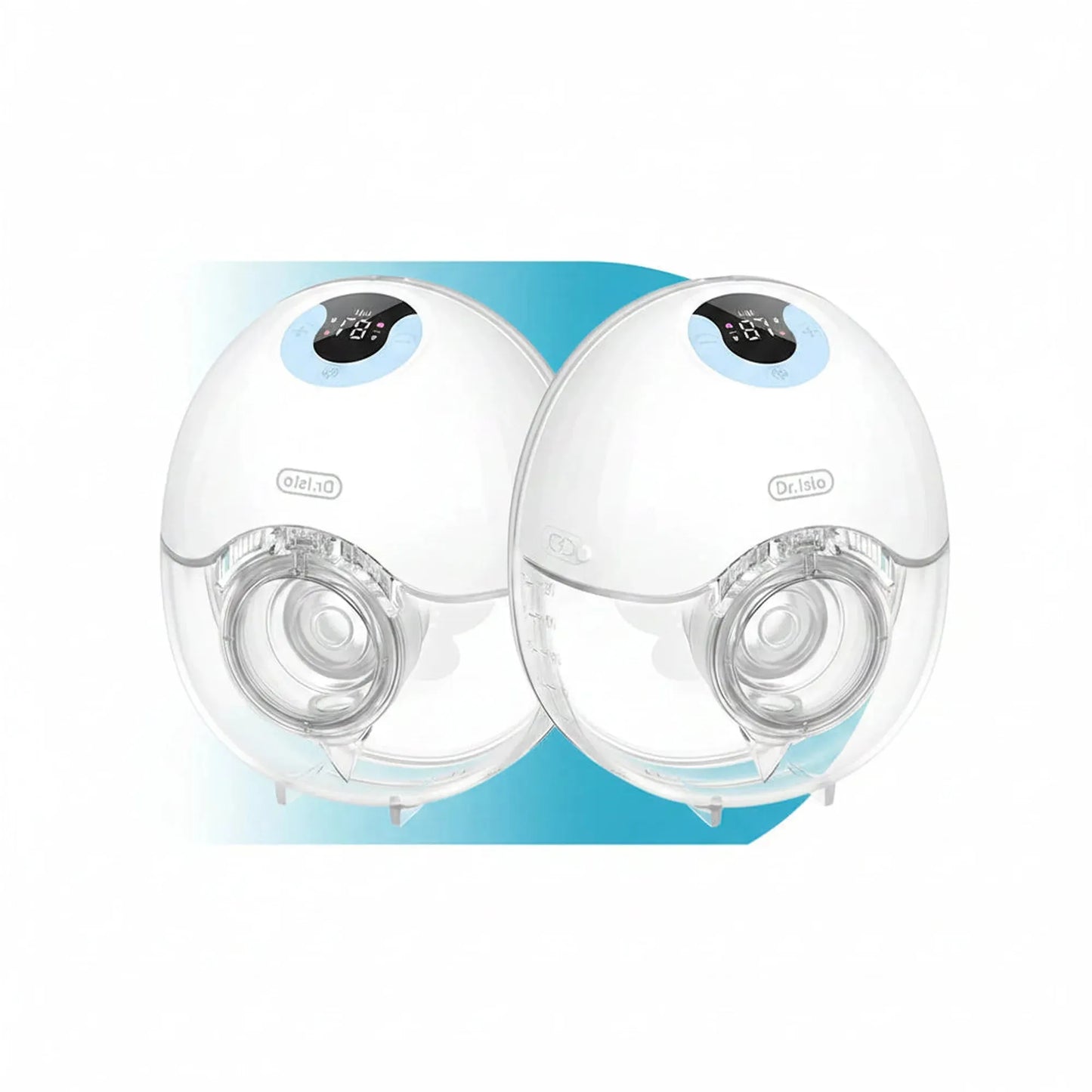Two white, wearable electric breast pumps with clear collection cups and digital displays.