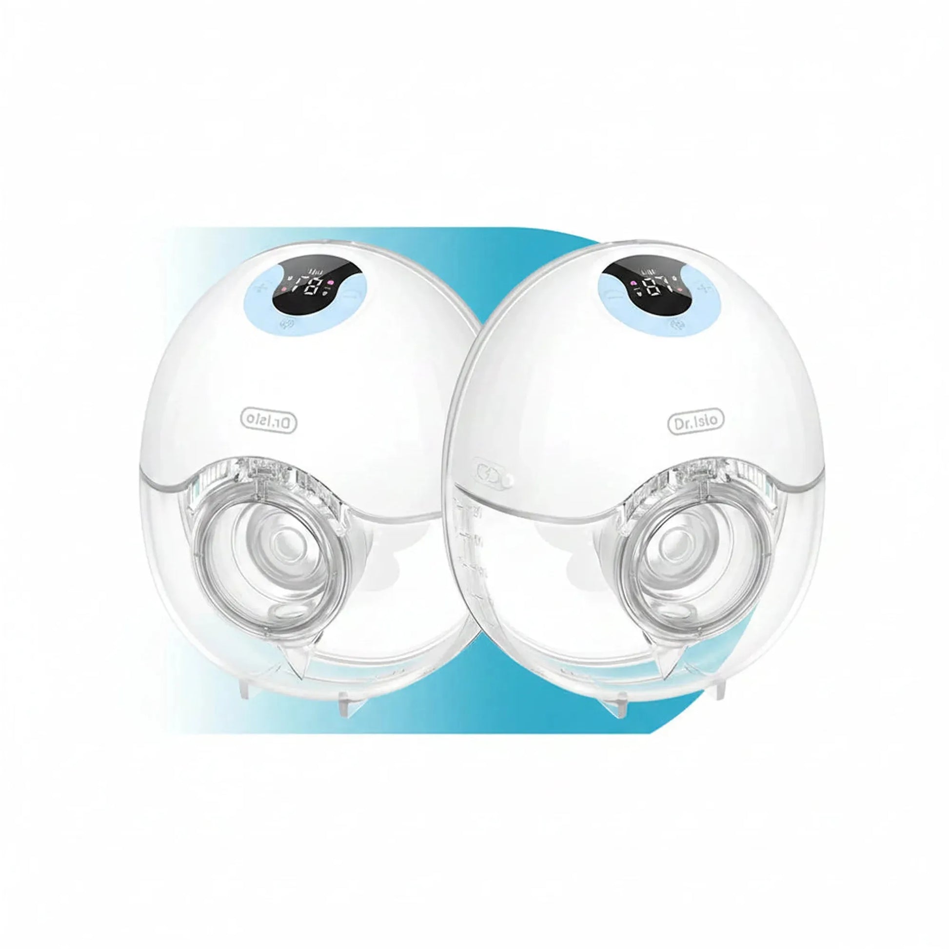 Two white, wearable electric breast pumps with clear collection cups and digital displays.