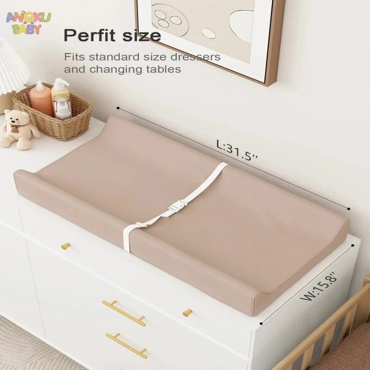 Beige waterproof orthopedic baby changing pad with safety belt on a white dresser.