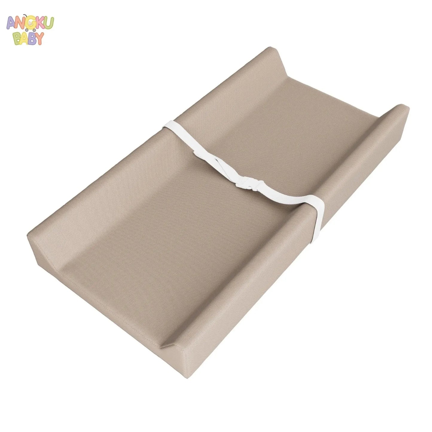 Beige orthopedic waterproof baby changing pad with safety belt and raised U-shaped sides.