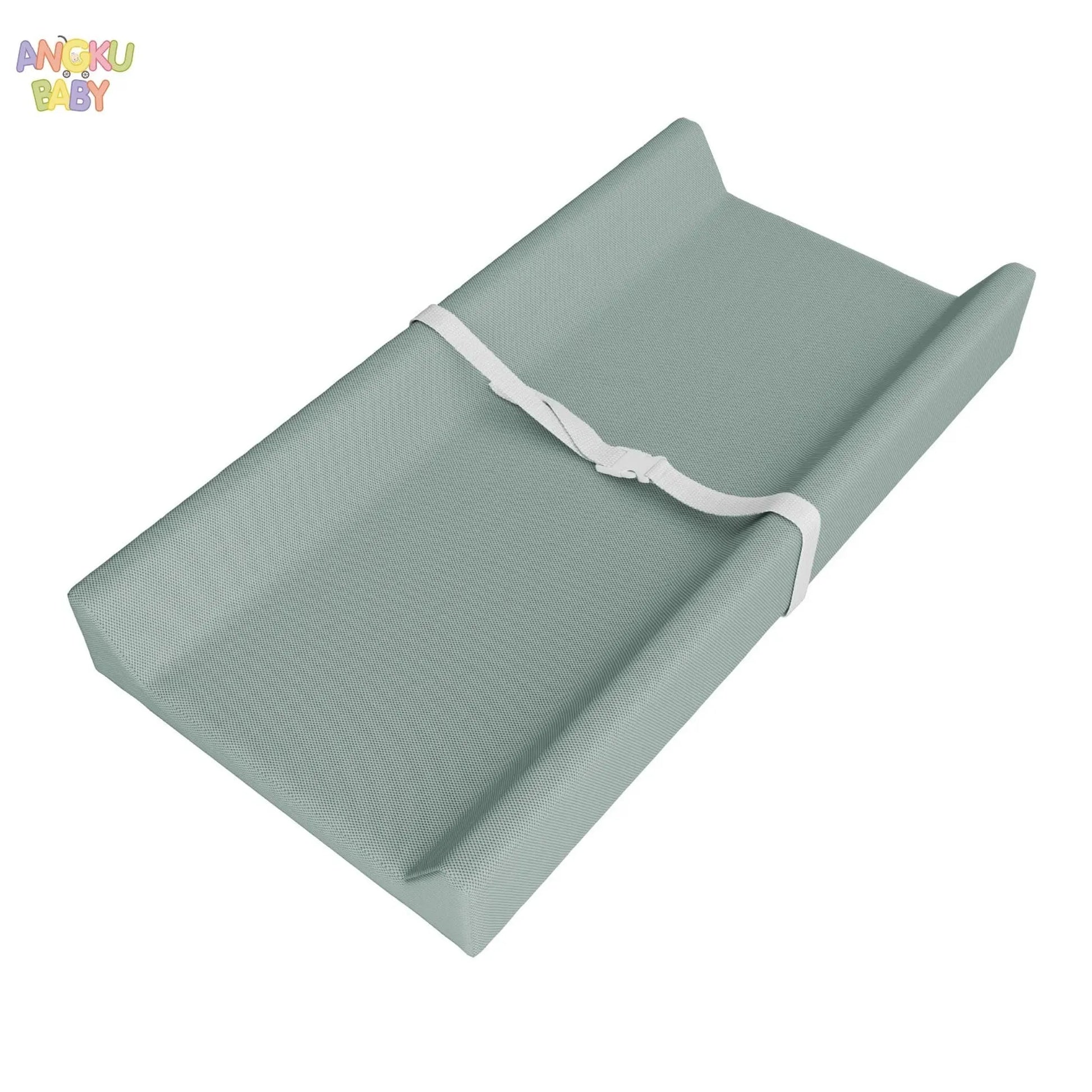 Orthopedic waterproof baby changing pad in light green with safety belt.