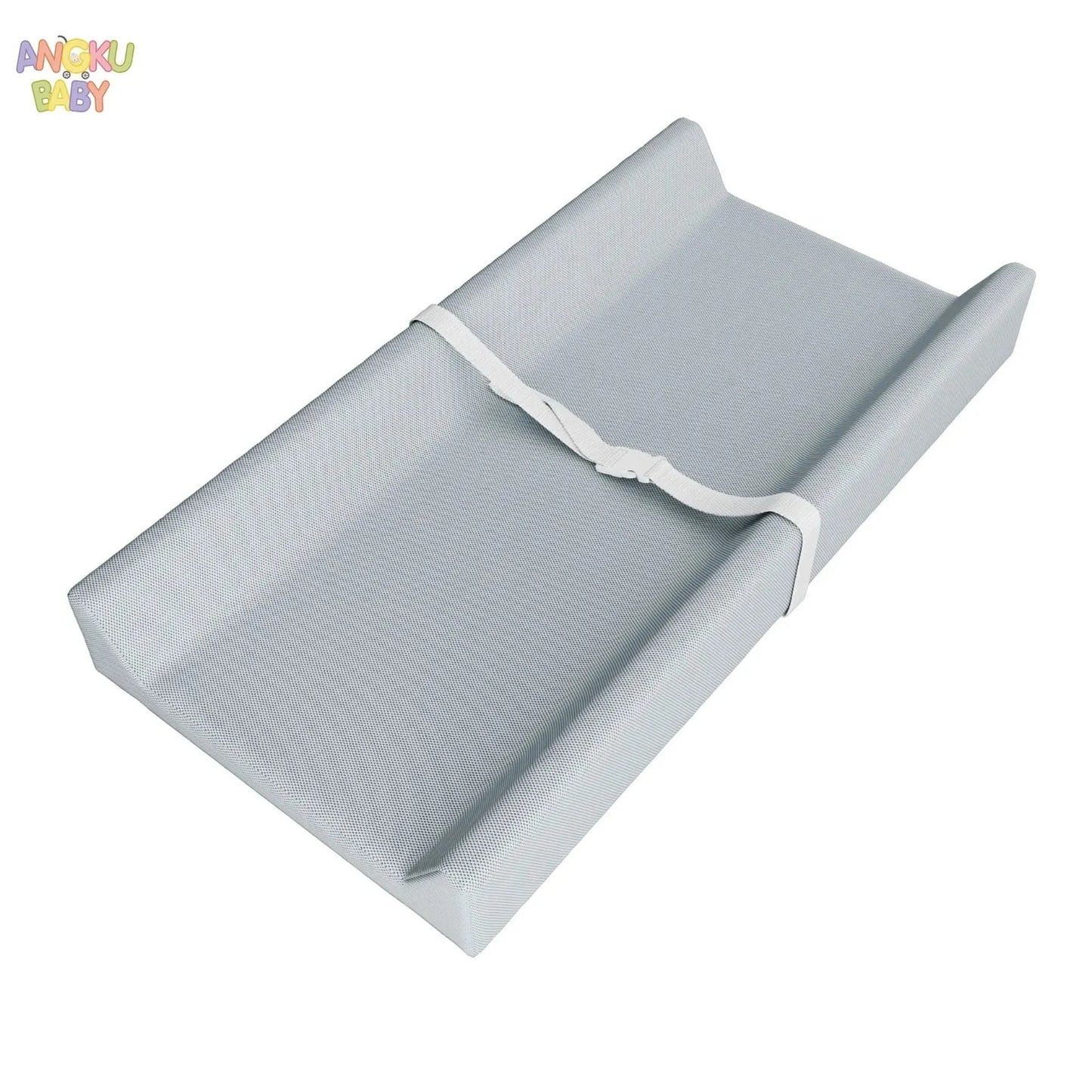 Light gray orthopedic waterproof baby changing pad with raised U-shape sides and white safety belt.