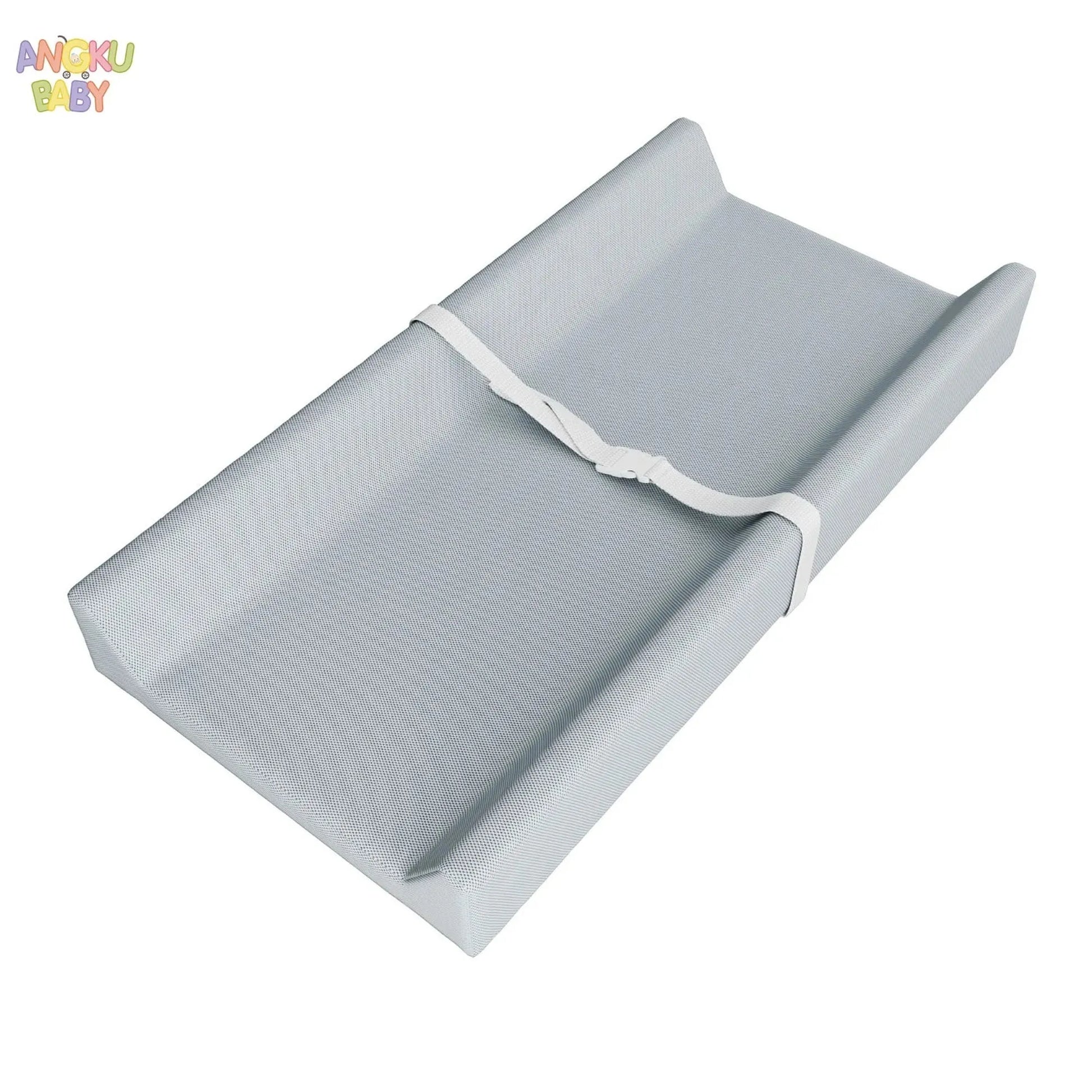 Light gray orthopedic waterproof baby changing pad with raised U-shape sides and white safety belt.