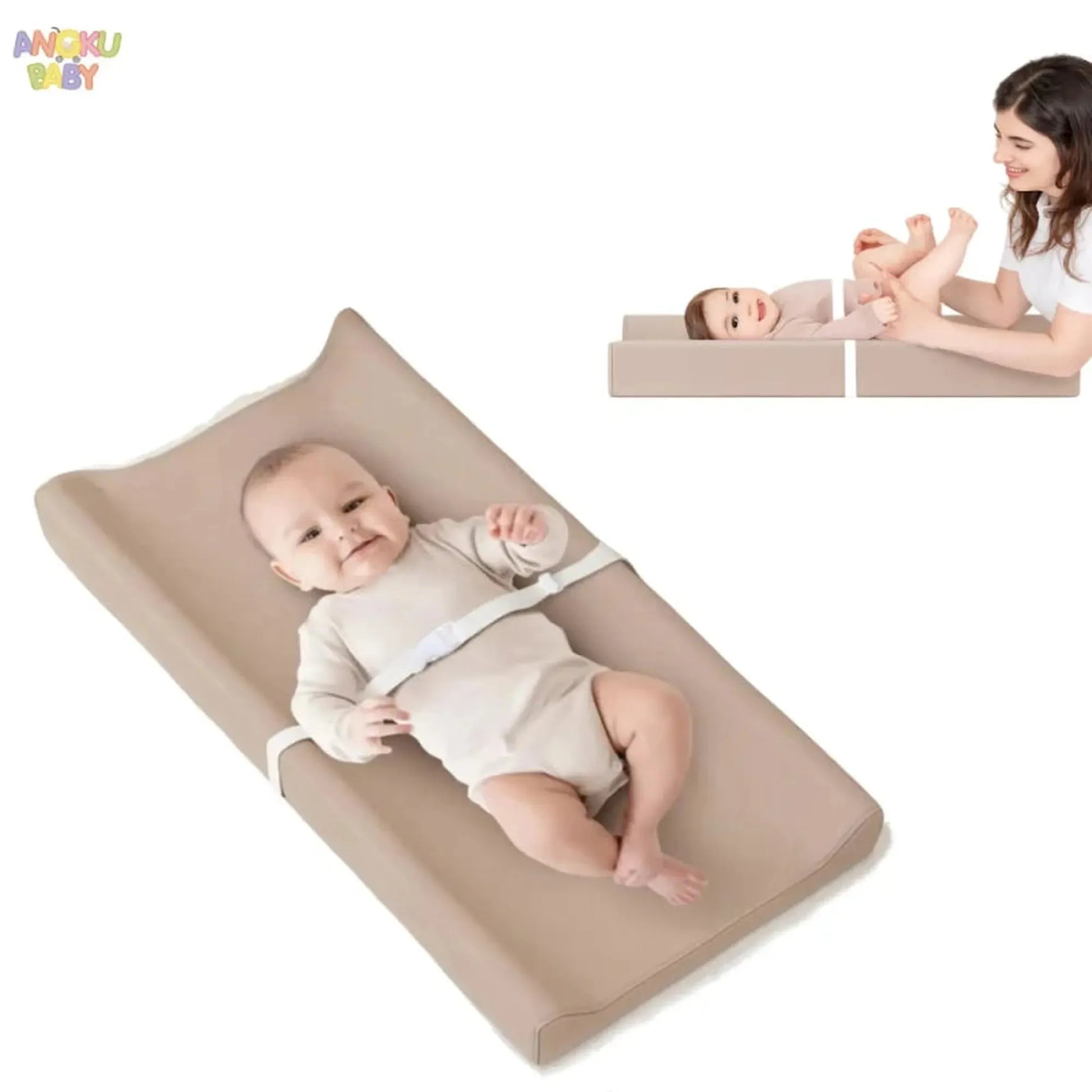 Beige waterproof orthopedic baby changing pad with safety belt, shown with a baby and in use.