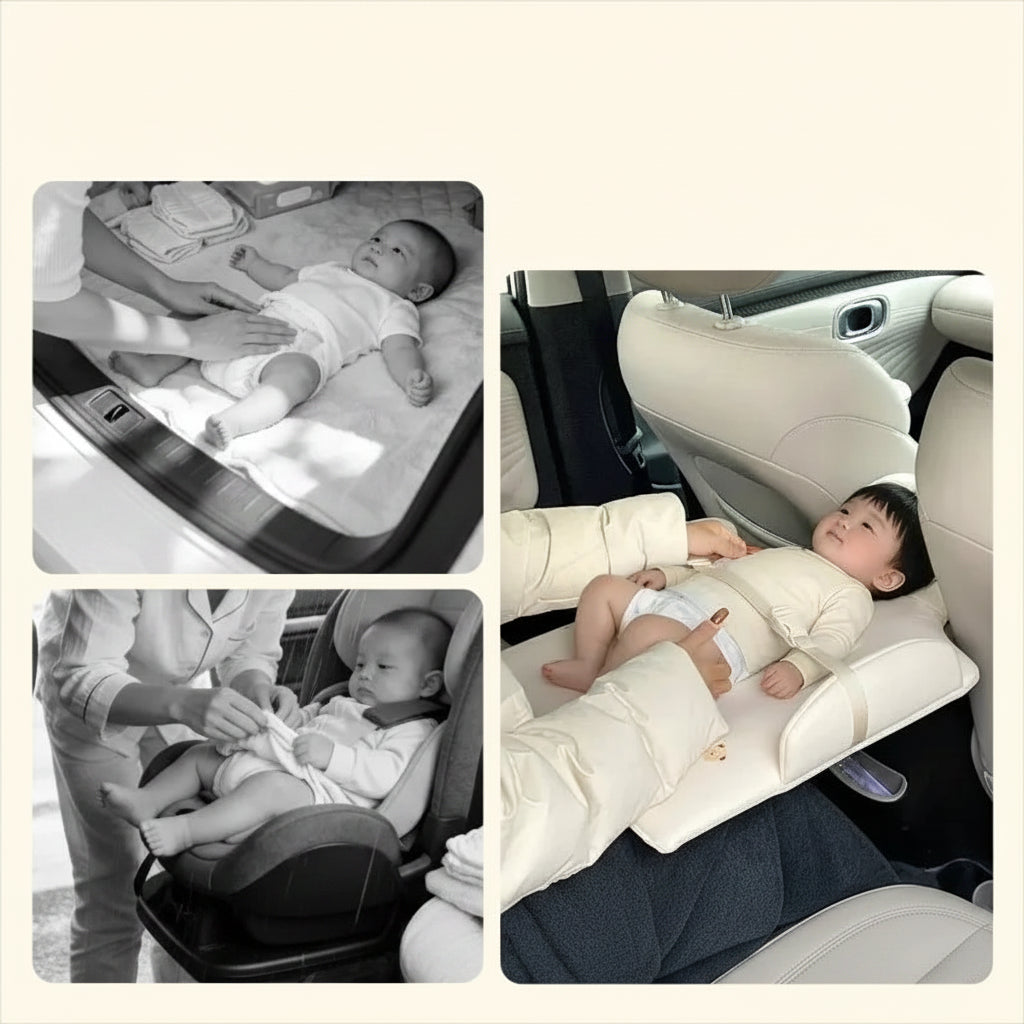 Beige portable car changing pad with ergonomic design for comfortable diaper changes.