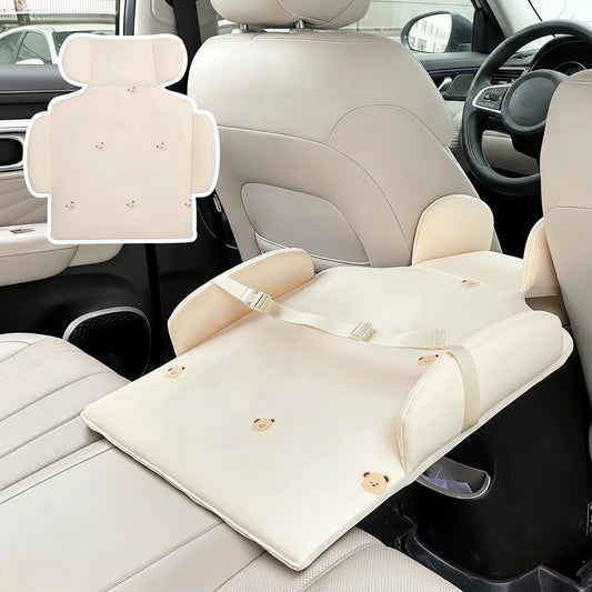Beige foldable car changing mat with cute bear embroidery, ergonomic design, and secure buckle for rear seat.