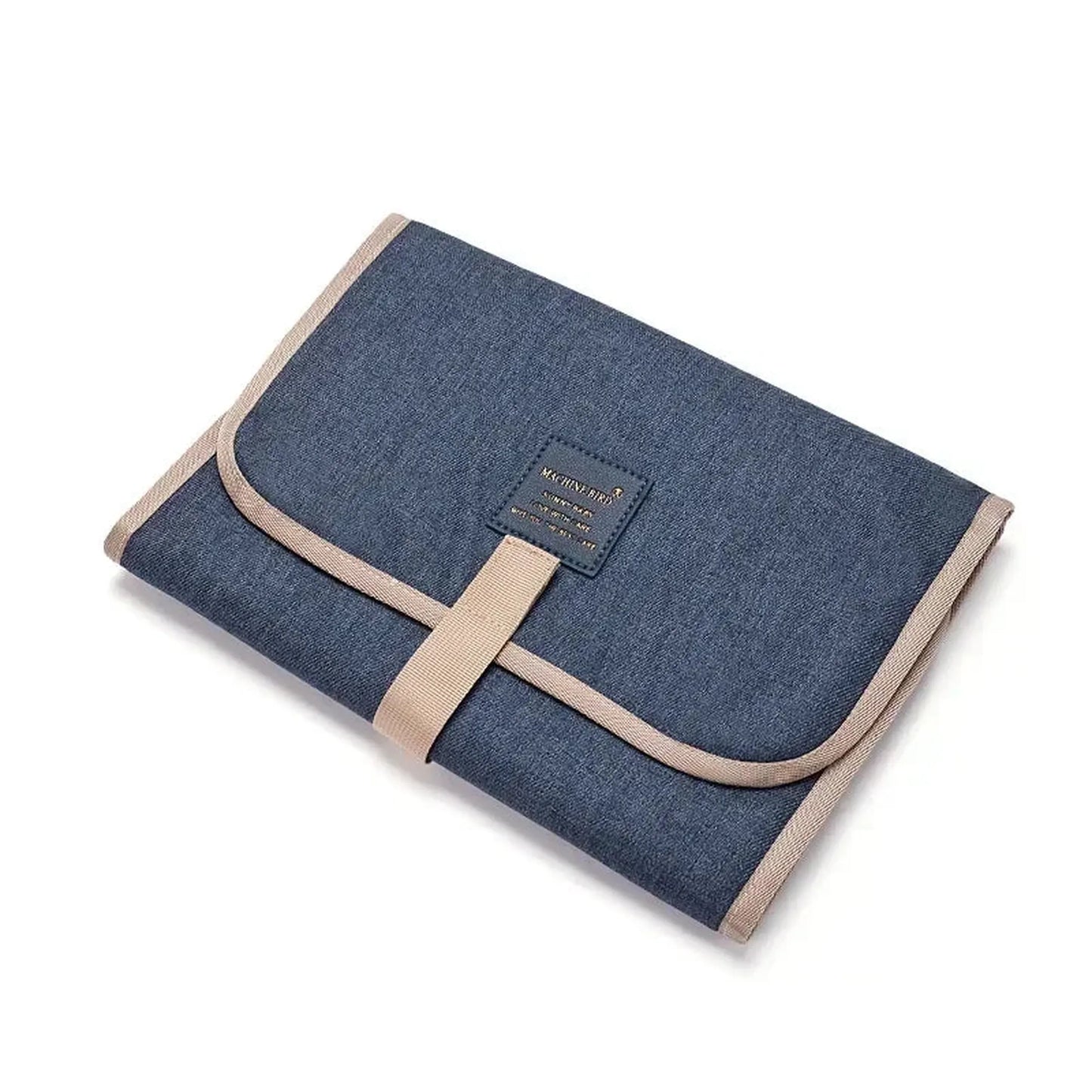 Foldable blue waterproof baby changing pad with beige trim and strap, featuring a compact design.