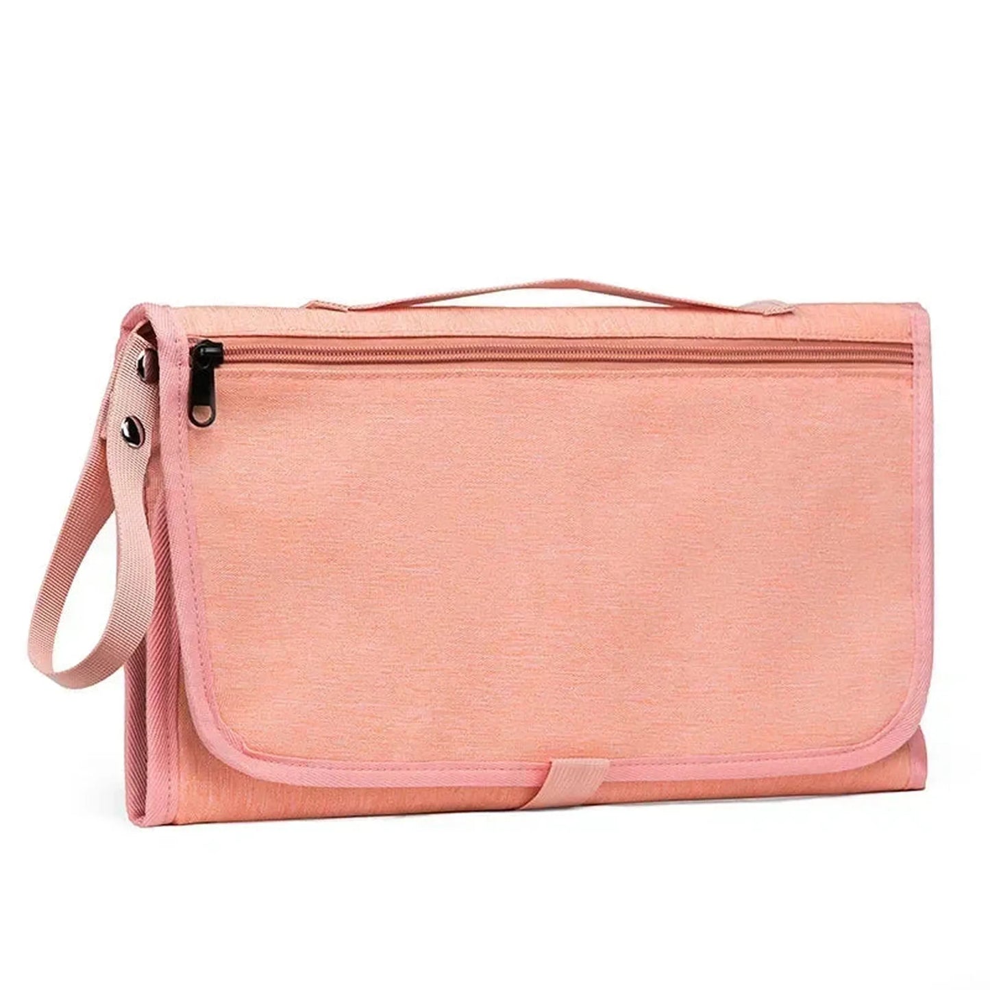 Pink portable waterproof baby changing pad with zippered pocket and carry strap.