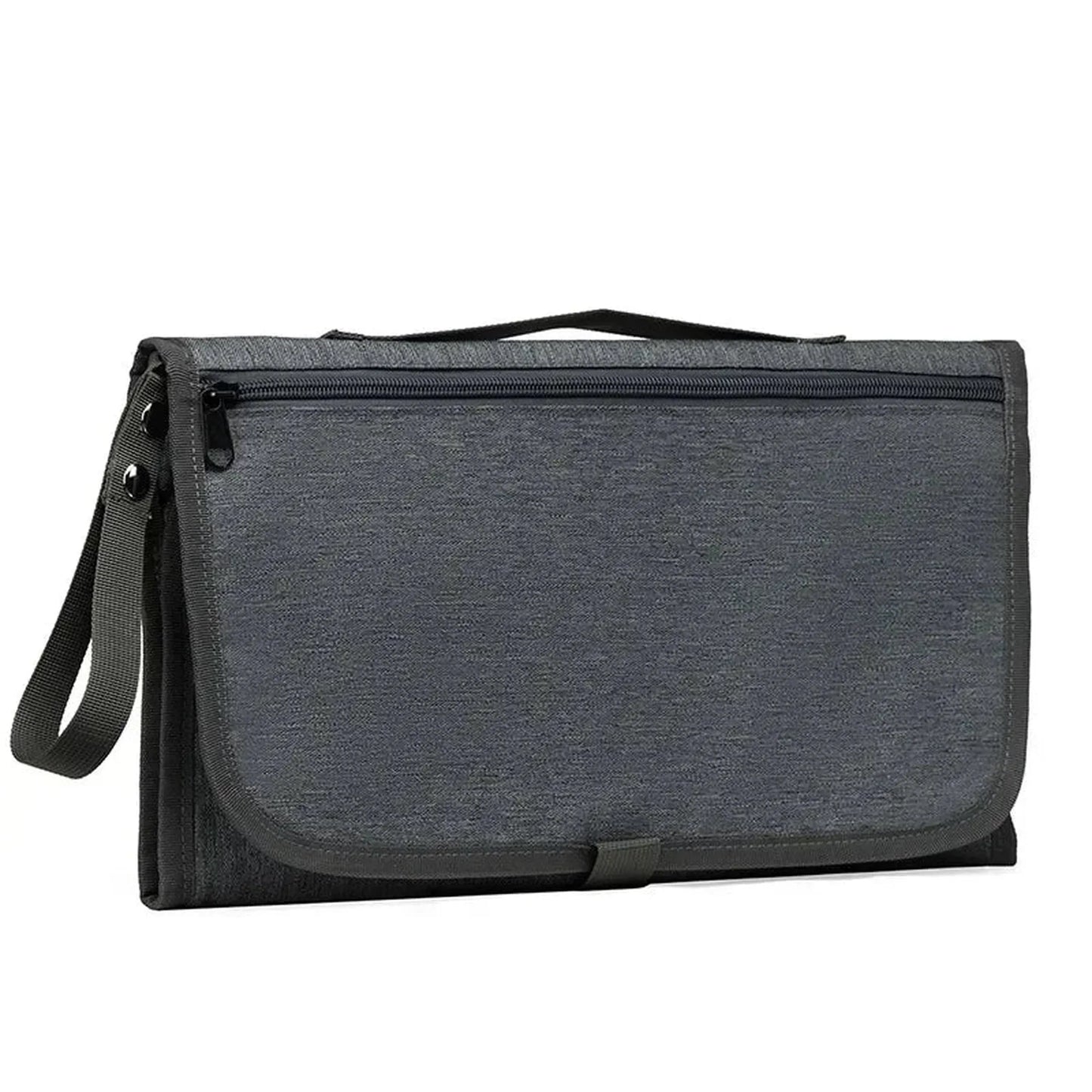 Dark gray portable waterproof baby changing pad with zipper pocket and shoulder strap.