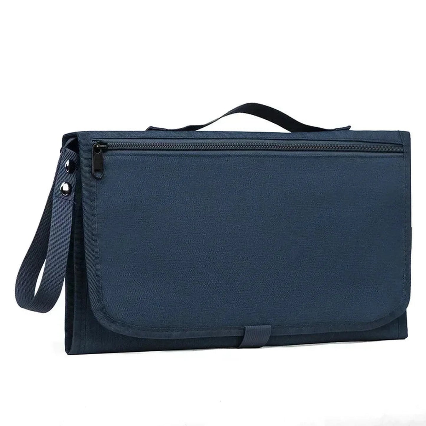 Navy blue portable waterproof baby changing pad with zippered pocket and strap.