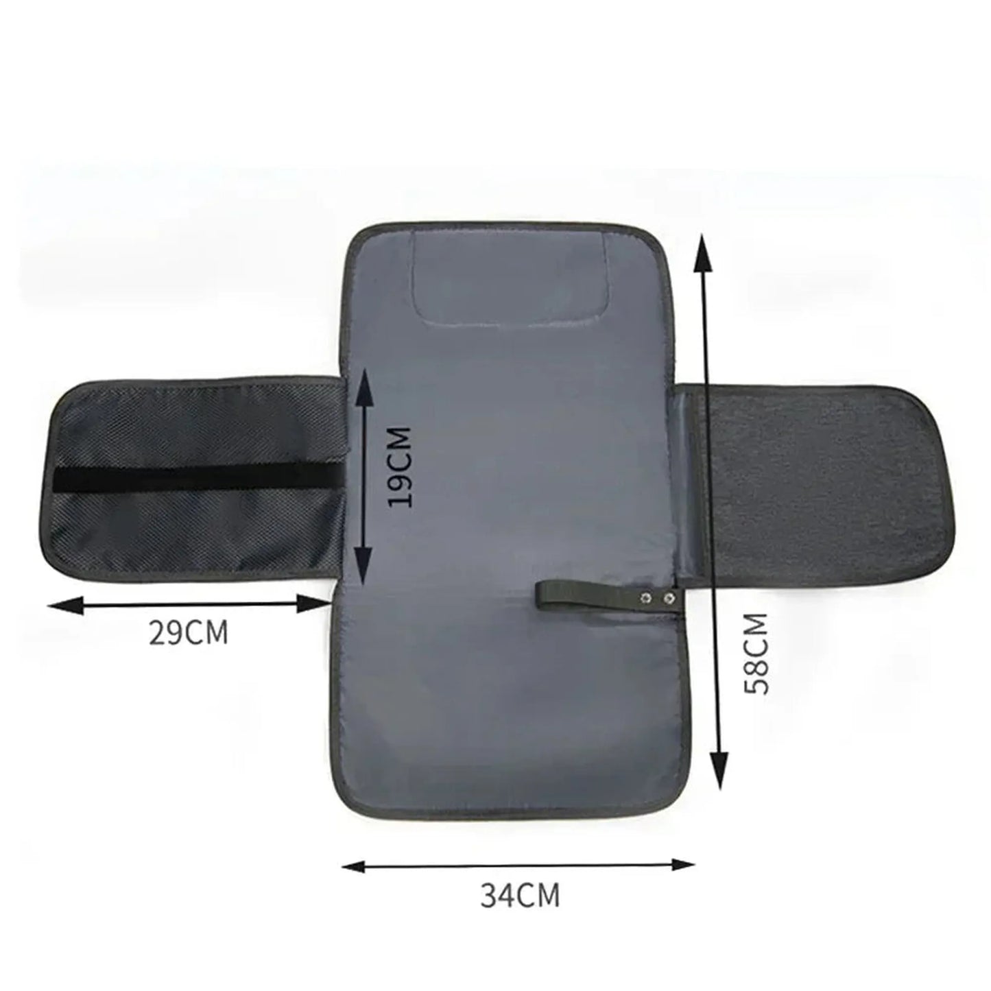 Gray portable waterproof baby changing pad with pockets and strap, showing dimensions.