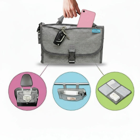 Gray portable waterproof changing pad with storage pockets, shown folded and open, attaching to a car seat and stroller.