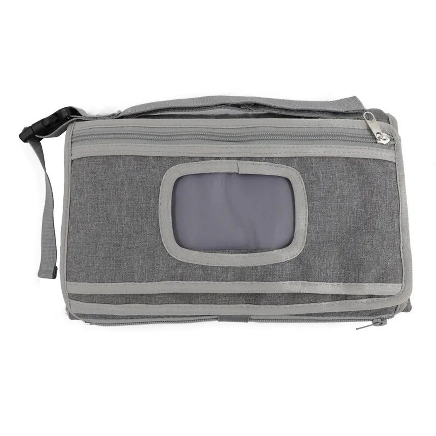 Foldable gray waterproof portable changing mat with zipper pockets and strap.
