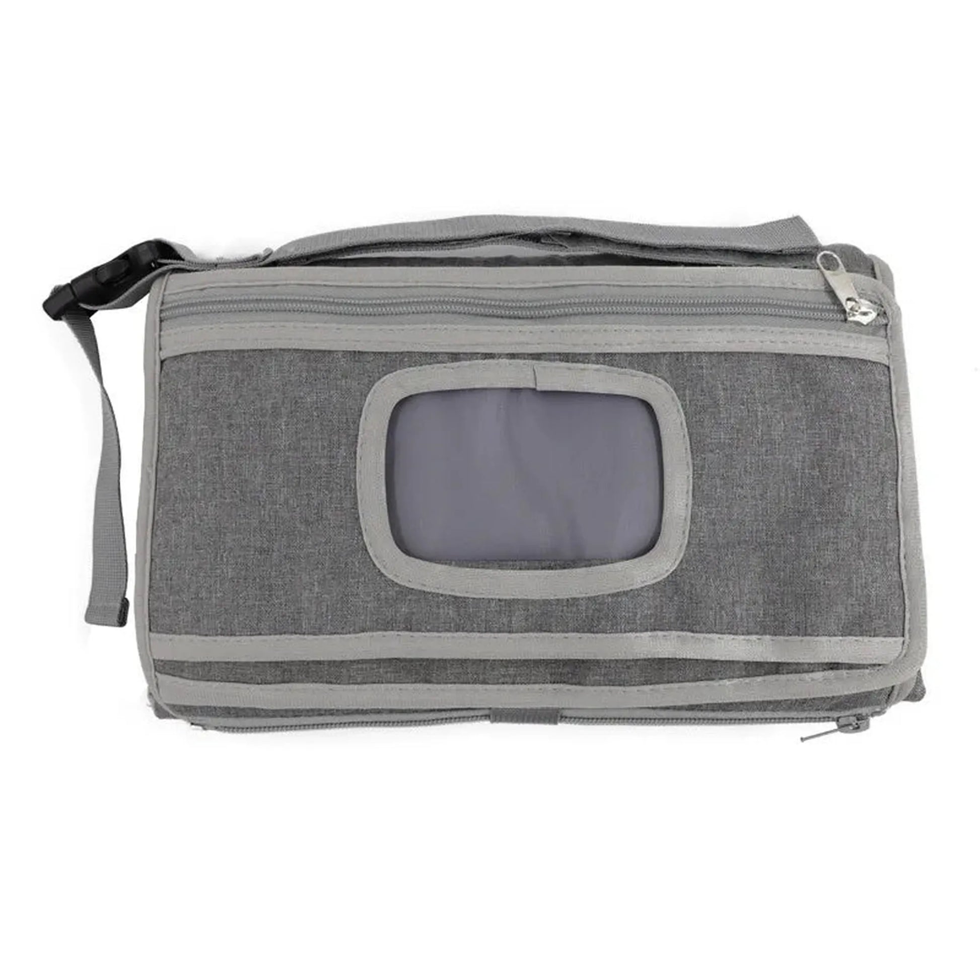Foldable gray waterproof portable changing mat with zipper pockets and strap.