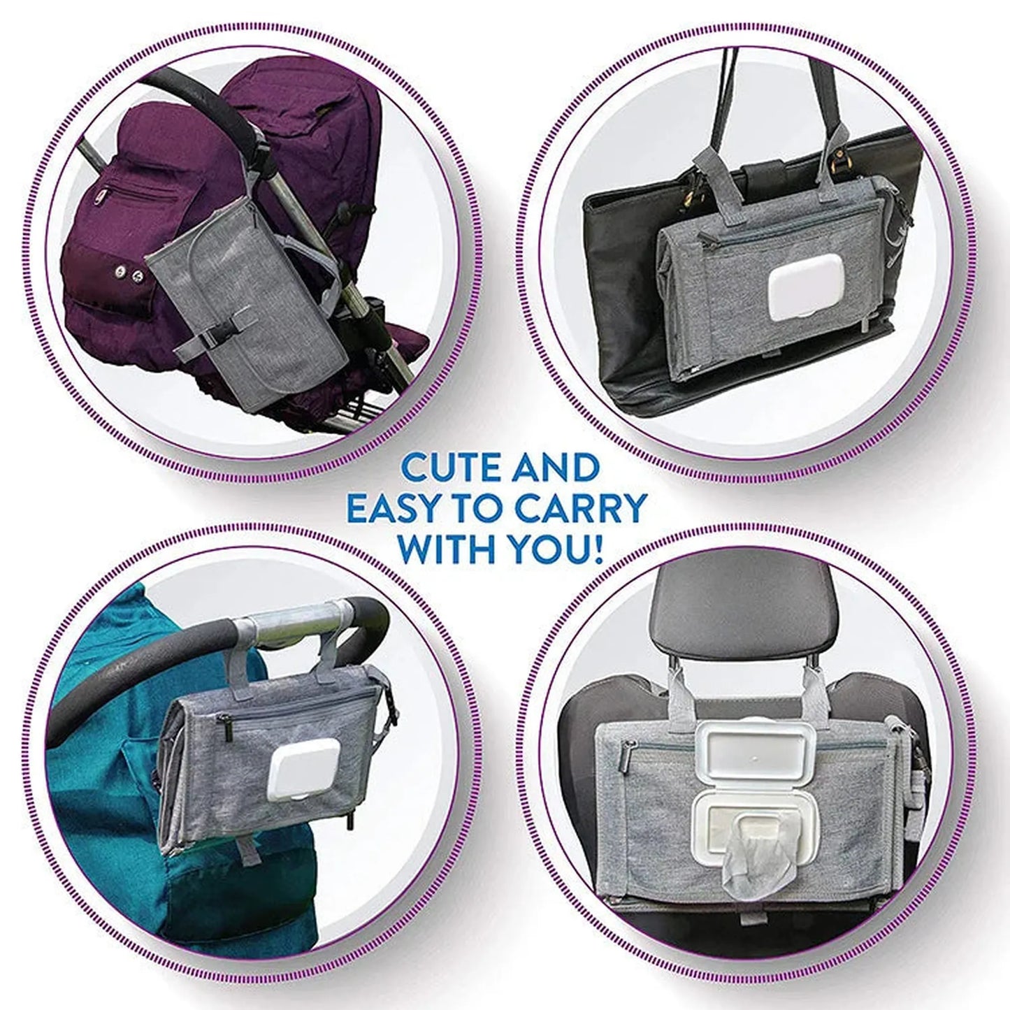 Gray portable waterproof changing pad with pockets, attached to a stroller, bag, and car seat.