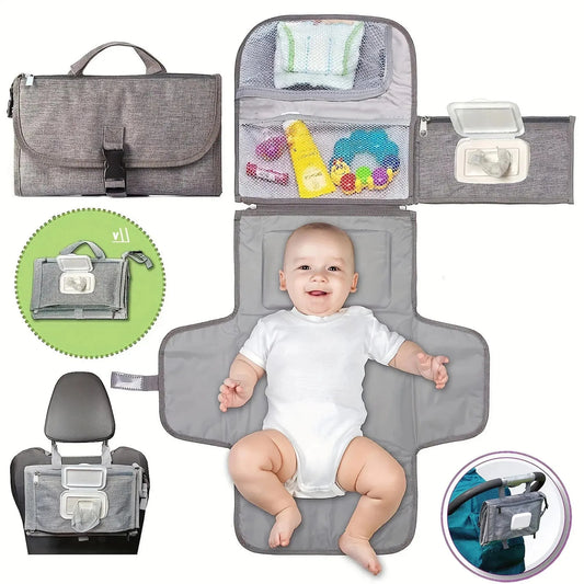 Gray portable waterproof changing pad with storage pockets, shown folded, open, and with a baby.