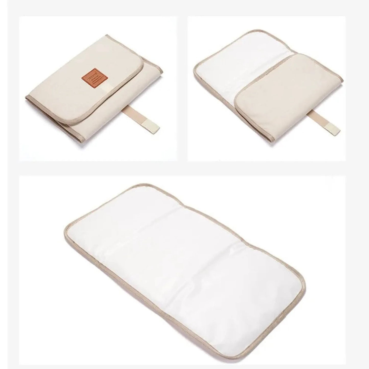 Foldable beige cotton portable changing pad, shown closed, partially open, and fully extended.