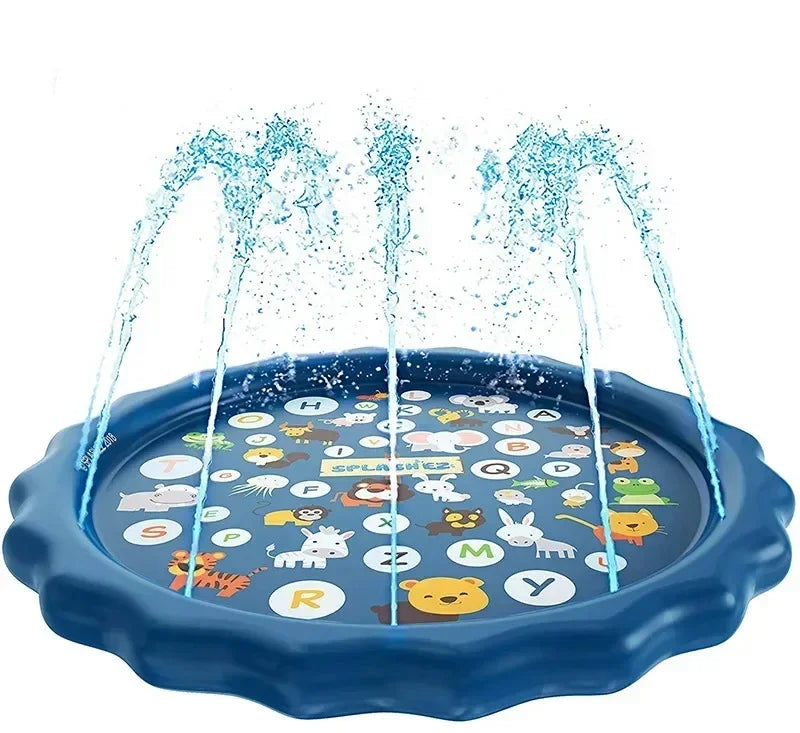 Blue inflatable splash pad with animal alphabet design and water sprinklers.