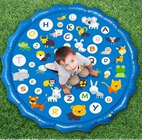Blue inflatable splash pad with alphabet letters and colorful animal graphics, featuring a child playing.