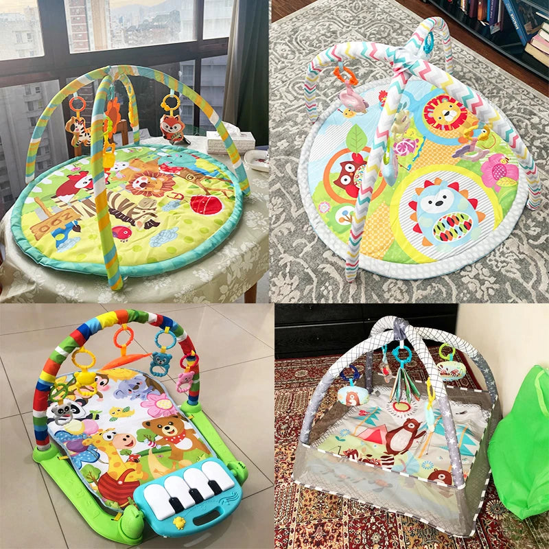 Colorful baby activity play mat with arches and hanging toys.