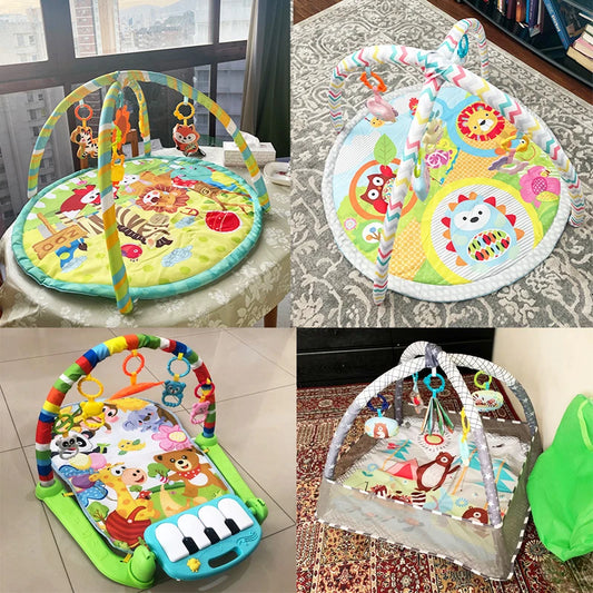 Colorful baby activity play mat with arches and hanging toys.