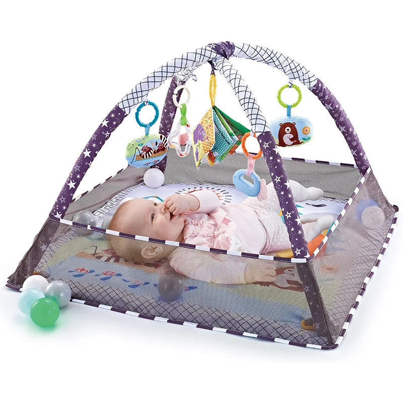 Baby activity play mat with colorful arches, hanging toys, and mesh sides.