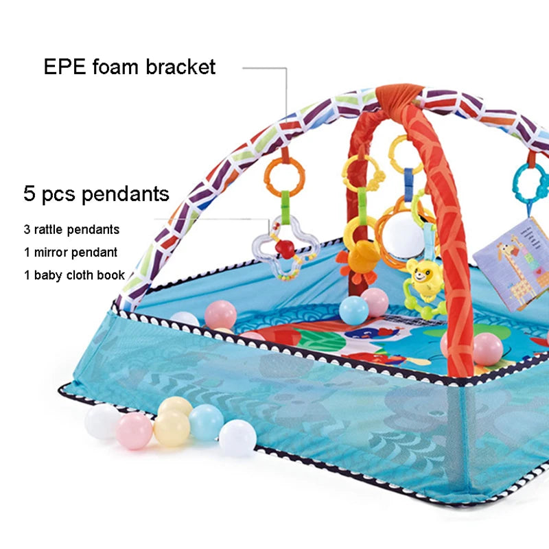 Colorful baby activity play mat with arches, hanging toys, mirror, and soft ball pit.