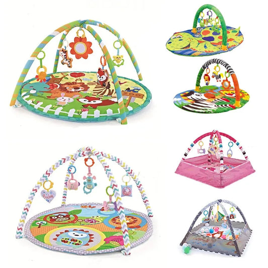 Colorful baby activity play mats with arches and hanging toys in various designs.