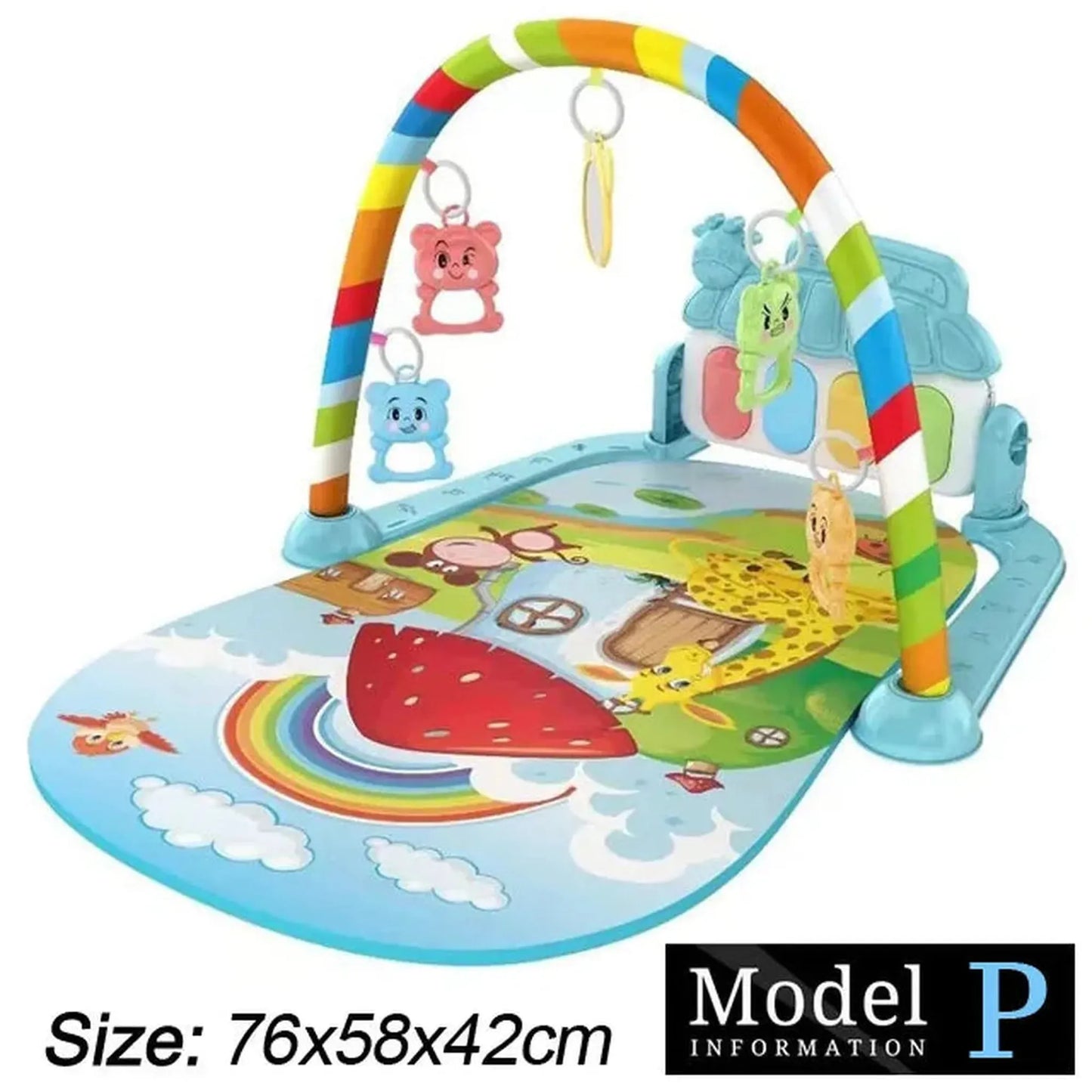 Colorful baby activity mat with a rainbow arch, hanging animal toys, and a detachable piano.