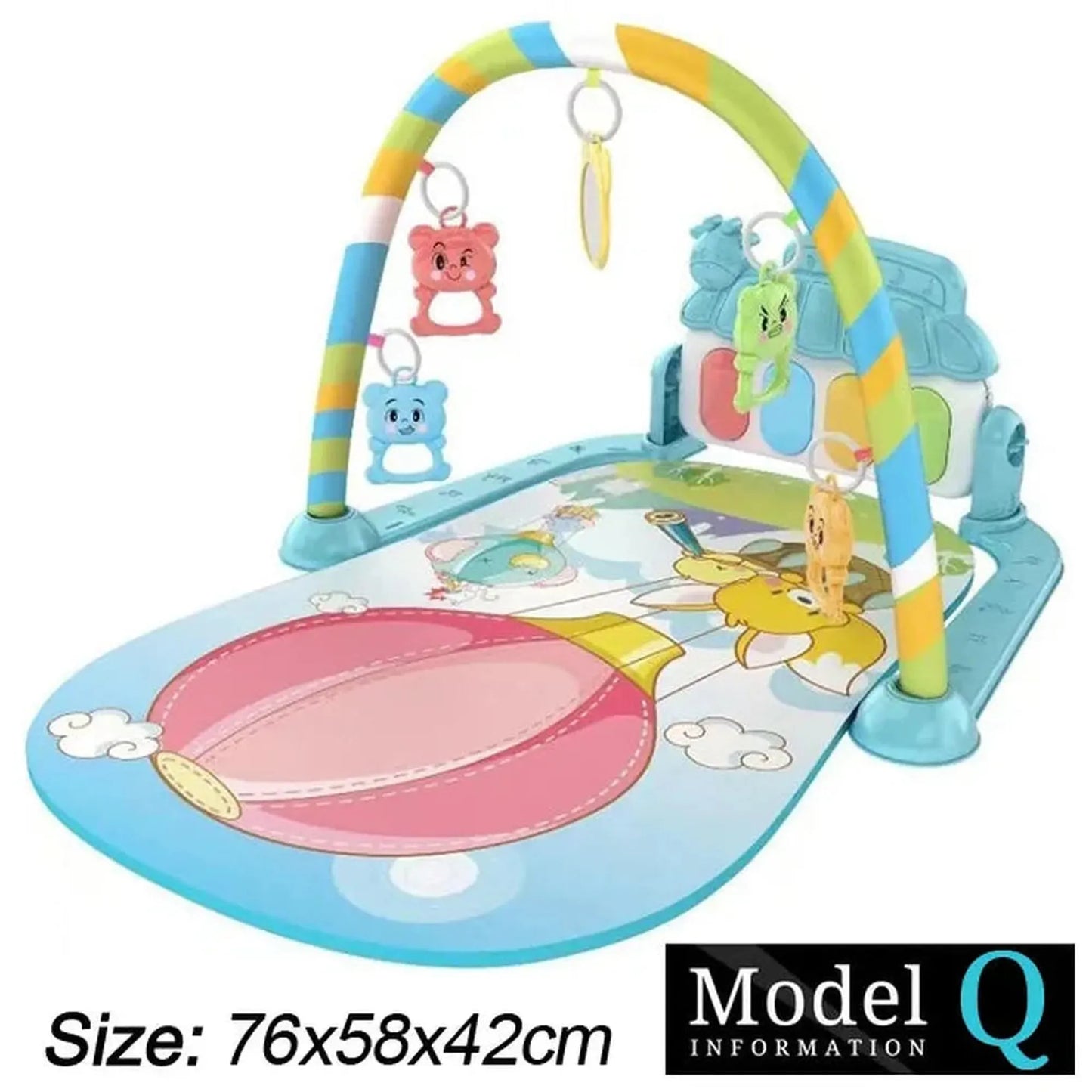 Colorful baby activity mat with a musical piano, hanging toys, and an arch.