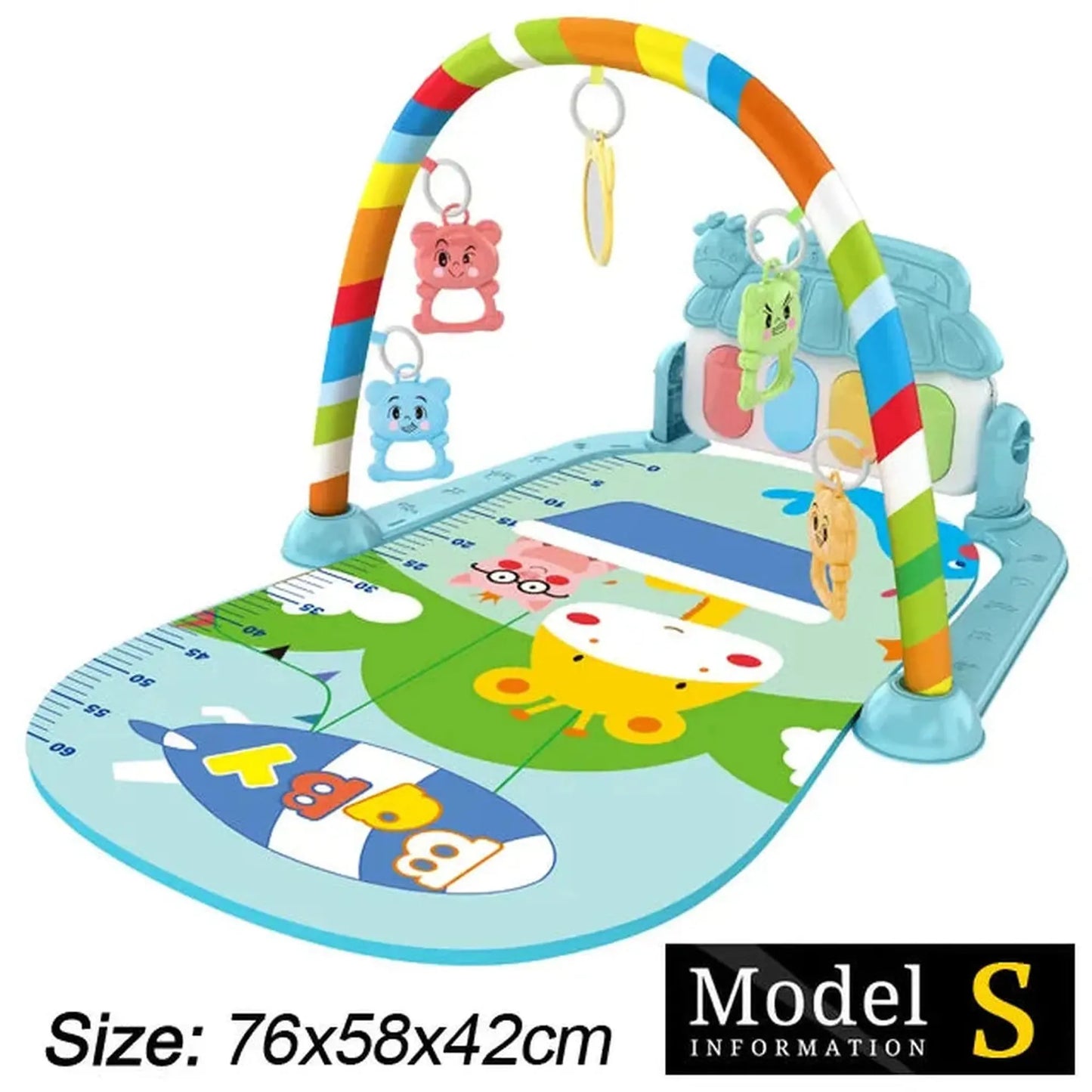 Colorful baby activity mat with a musical piano, overhead arch, and hanging animal toys.