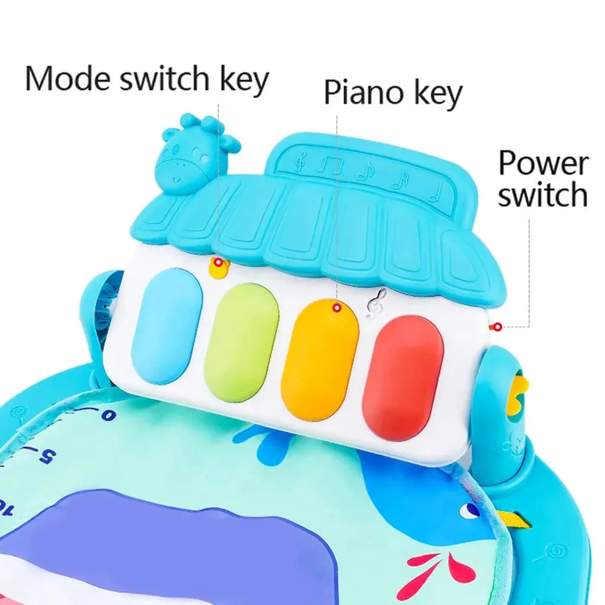 Close-up of a blue and white baby activity mat with a colorful piano toy featuring four large keys.