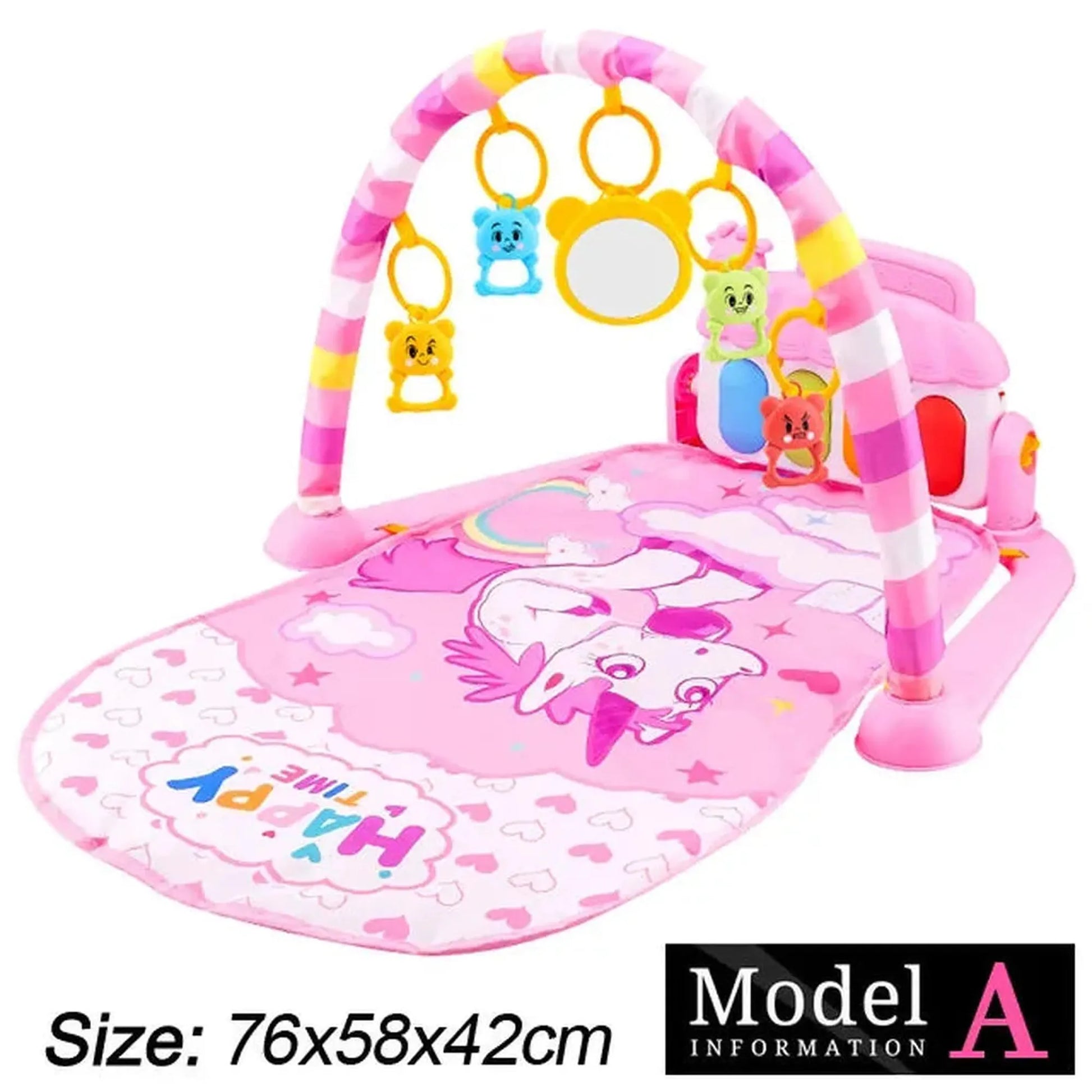 Pink baby activity mat with unicorn design, piano, and hanging bear toys.